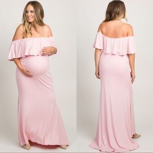 Pink Ruffle Off Shoulder Mermaid Maternity Dress